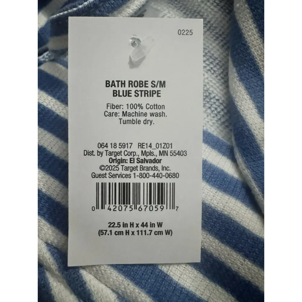 Room Essentials Blue White Stripe Bath Robe S/M 100% Cotton Belted NWT Target - Picture 4 of 5